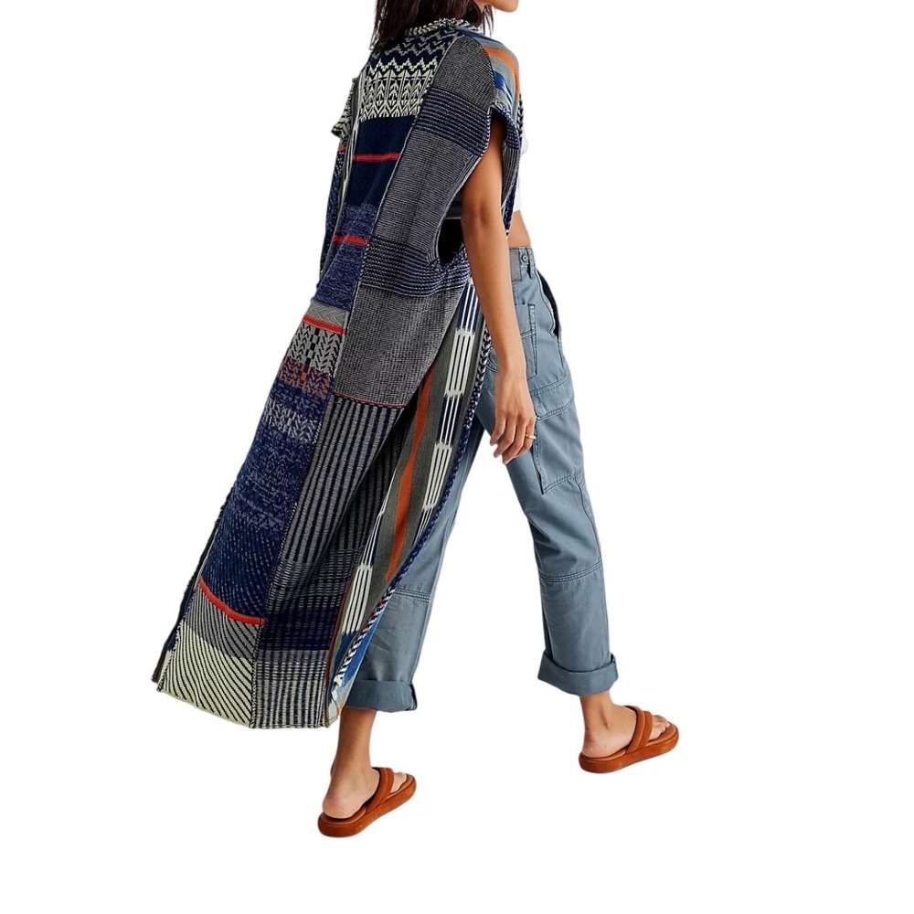 Free People Blue Skies Maxi Vest Patchwork Boho Sweater Duster XS Long Layering